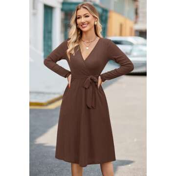 Newshows Womens 2024 Fall Sweater Dress Long Sleeve Business Casual Outfits V Neck Ribbed Knit Belt ...
