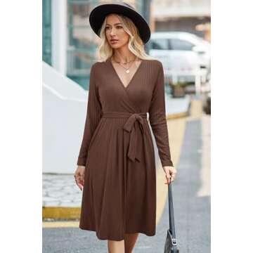 Newshows Womens 2024 Fall Sweater Dress Long Sleeve Business Casual Outfits V Neck Ribbed Knit Belt Trendy with Pockets(Brown, S)