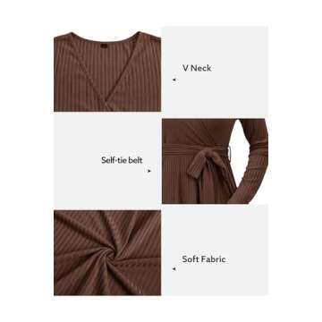 Newshows Womens 2024 Fall Sweater Dress Long Sleeve Business Casual Outfits V Neck Ribbed Knit Belt Trendy with Pockets(Brown, S)