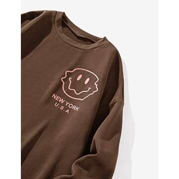 SAFRISIOR Women's Oversized Fleece New York Letter Print Graphic Sweatshirt Long Sleeve Crewneck Pullover Coat, Brown, Medium