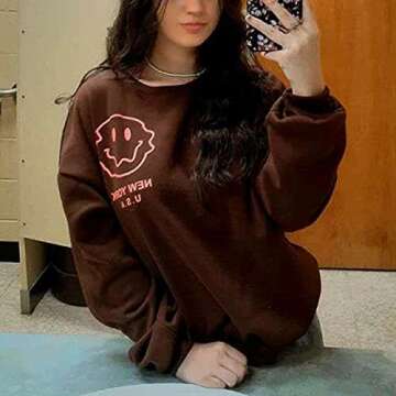 SAFRISIOR Women's Oversized Fleece New York Letter Print Graphic Sweatshirt Long Sleeve Crewneck Pullover Coat, Brown, Medium