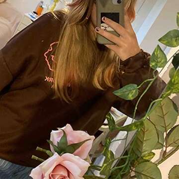 SAFRISIOR Women's Oversized Fleece New York Letter Print Graphic Sweatshirt Long Sleeve Crewneck Pullover Coat, Brown, Medium