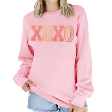 KEKEMI Valentine's Day Sweatshirt For Women Retro XOXO Graphic Sweater Shirts Crewneck Hugs and Kisses Oversized Pullover Top（Pink-164,Small