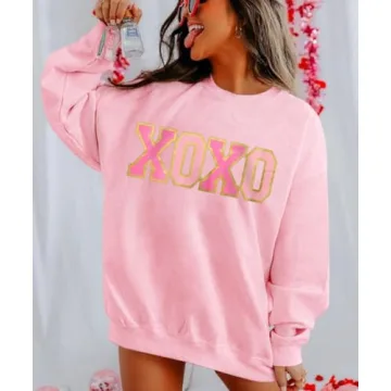 KEKEMI Valentine's Day Sweatshirt For Women Retro XOXO Graphic Sweater Shirts Crewneck Hugs and Kisses Oversized Pullover Top（Pink-164,Small