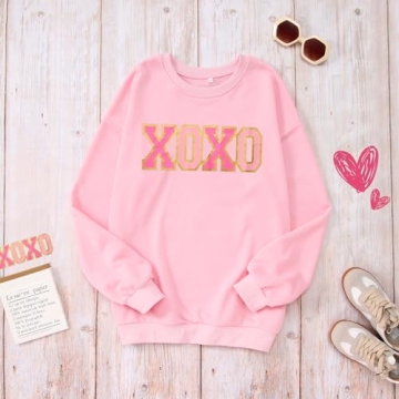 KEKEMI Valentine's Day Sweatshirt For Women Retro XOXO Graphic Sweater Shirts Crewneck Hugs and Kisses Oversized Pullover Top（Pink-164,Small