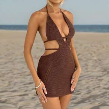 MYBFYABO Women's Halter Bodycon Mini Dress Sleeveless Tie Backless Hollow Out Corset Knit Dress Wrap Dress Summer Beach Dress (Brown, L)