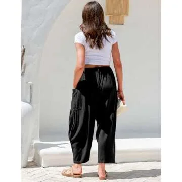 TARSE Womens Linen Wide Leg Pants Casual Loose Drawstring Low Waist Beach Palazzo Harem Pants with Pockets