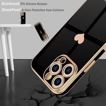 Teageo for iPhone 16 Pro Max Case with Screen Protector [2 Pack] Girl Women Cute Girly Love-Heart Luxury Gold Soft Cover Camera Protection Silicone Shockproof Phone Case for iPhone 16 Pro Max, Black