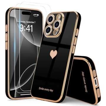 Teageo for iPhone 16 Pro Max Case with Screen Protector [2 Pack] Girl Women Cute Girly Love-Heart Luxury Gold Soft Cover Camera Protection Silicone Shockproof Phone Case for iPhone 16 Pro Max, Black