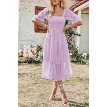 MEROKEETY Women's 2023 Summer Boho Square Neck Smocked Solid Color A Line Beach Midi Dresses, Lightpurple, M