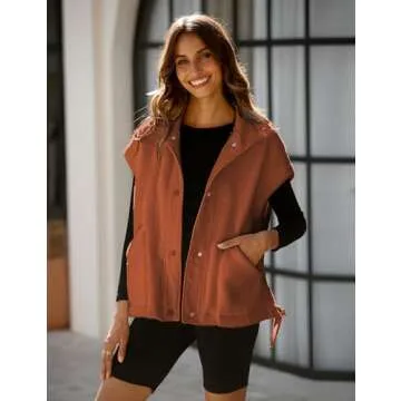 Gozoloma Women's Oversized Fleece Vest Sleeveless Casual Button Down Piecing Fuzzy Sherpa Gilet Jacket with Pockets(0736-Brown-M)