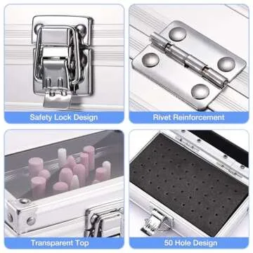 Noverlife 50 Holes Nail Drill Bit Holder Case, Professional Nail Polishing Heads Holder Organizer, Silver Nail Drill Bit Storage Box, Large Display Nail Bits Container for Salon Nail Grinding Head