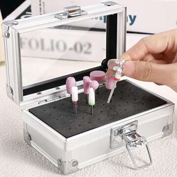 Noverlife 50 Holes Nail Drill Bit Holder Case, Professional Nail Polishing Heads Holder Organizer, Silver Nail Drill Bit Storage Box, Large Display Nail Bits Container for Salon Nail Grinding Head