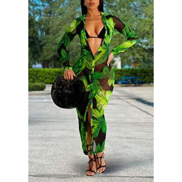 Women's Sheer Mesh Long Sleeve Bodycon Dress Club Night Out Dresses Beach Cover Up Dress