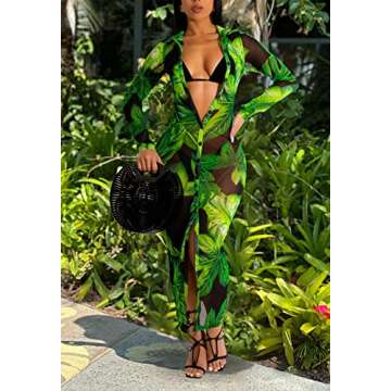 Women's Sheer Mesh Long Sleeve Bodycon Dress Club Night Out Dresses Beach Cover Up Dress