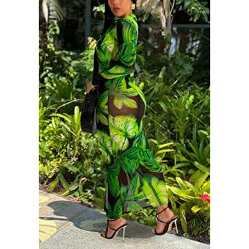 Women's Sheer Mesh Long Sleeve Bodycon Dress Club Night Out Dresses Beach Cover Up Dress