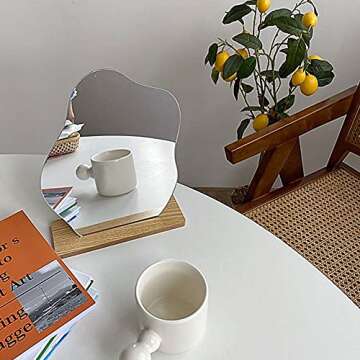 SYCOOVEN Irregular Aesthetic Vanity Mirror, Frameless Makeup Mirror with Wooden Stand, Cloud-Shaped Desk Tabletop Acrylic Vanity Mirror for Living Room Bedroom Home Decor(B)