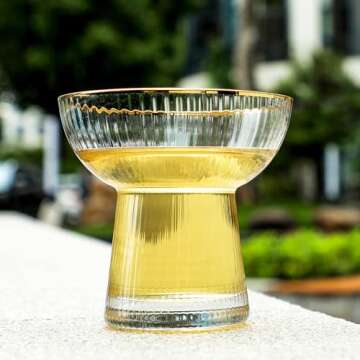 Lysenn Stemless Margarita Glasses Set of 4 - Elegant Vertical Stripes Cocktail Glasses – Premium Hand Blown Glassware for Martini and Mixed Drinks – 10 oz Gold Rim