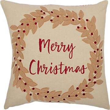 Piper Classics Christmas Wreath Throw Pillow Cover, 18" x 18", Appliqued Burlap Leaves w/Embroidery, Country Farmhouse Holiday
