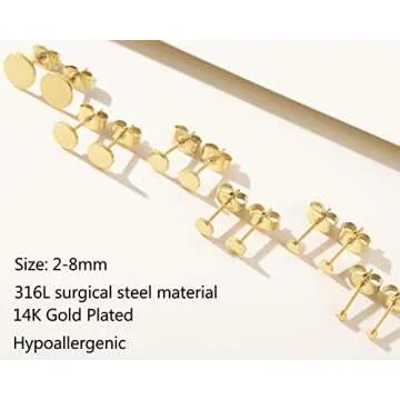 Unisex 6 Pairs Dot Stud Earrings, Surgical Steel Gold Plated Tiny Flat Disc Stud Earrings for Women ...
