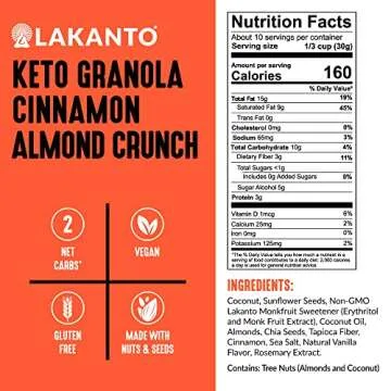 Lakanto Cinnamon Almond Crunch Granola - Delicious Snack, Quick Breakfast Cereal, Keto Friendly, Monk Fruit Sweetener, No Sugar Added, Vegan, Gluten Free, Grain Free, Low Net Carbs (11 Oz)