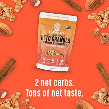 Lakanto Cinnamon Almond Crunch Granola - Delicious Snack, Quick Breakfast Cereal, Keto Friendly, Monk Fruit Sweetener, No Sugar Added, Vegan, Gluten Free, Grain Free, Low Net Carbs (11 Oz)