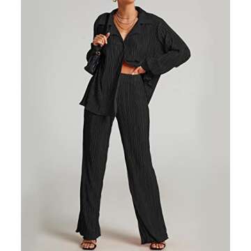 KOLAOYEP 2 Piece Outfits for Women Wide Leg Pants Sets Casual Long Sleeve Button Down Shirt Solid Streetwear Suits