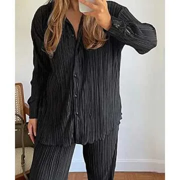 KOLAOYEP 2 Piece Outfits for Women Wide Leg Pants Sets Casual Long Sleeve Button Down Shirt Solid Streetwear Suits