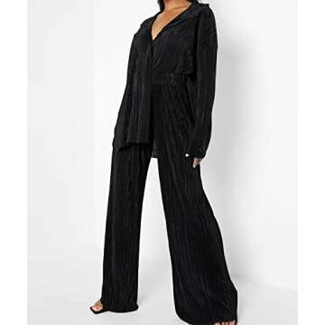 KOLAOYEP 2 Piece Outfits for Women Wide Leg Pants Sets Casual Long Sleeve Button Down Shirt Solid Streetwear Suits