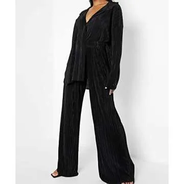 KOLAOYEP 2 Piece Outfits for Women Wide Leg Pants Sets Casual Long Sleeve Button Down Shirt Solid Streetwear Suits