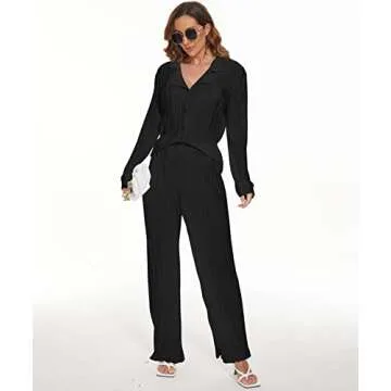 KOLAOYEP 2 Piece Outfits for Women Wide Leg Pants Sets Casual Long Sleeve Button Down Shirt Solid Streetwear Suits