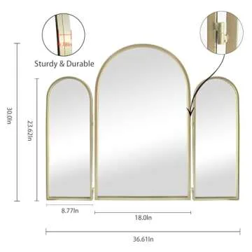 Versatile 3 Way Trifold Mirror with Gold Arch Design
