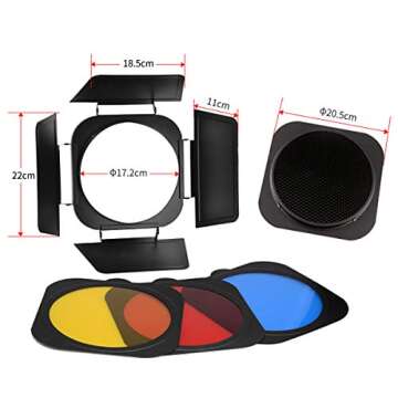 JINBEI Modifier Barn Door with Honeycomb Grid Bowens Mount with 7.9"/ 20cm Standard Reflector 3 Colo...