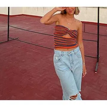 Meladyan Women Twist Front Striped Cutout Knitted Crop Tube Top Bandage Strapless Sleeveless Bandeau Cropped Shirt Blue Orange