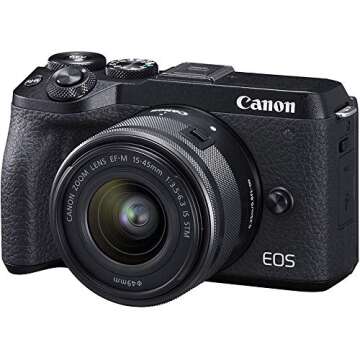 Canon EOS M6 Mark II Mirrorless Camera for Vlogging + 15-45mm Lens, CMOS, APS-C Sensor, Dual Pixel CMOS Auto Focus, Wi-Fi,Bluetooth and 4K Video Black