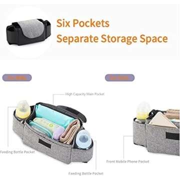 YWHWLX Universal Stroller Organizer With Cup Holders, Stroller Accessories Organizer Holder Fits Most Strollers for Bottle,Diaper,Phone,Keys,Toys (Grey)