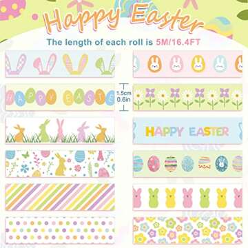 Whaline 12 Rolls Happy Easter Washi Tape Colorful Spring Flower Masking Tape Easter Rabbit Bunny Egg Pattern Decorative Paper Sticker for Easter Birthday Holiday Scrapbook DIY Craft Gift Wrapping