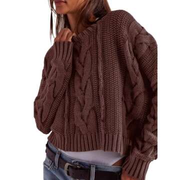 Panadila Womens Cropped Sweater Crew Neck Cable Knit Sweater Ribbed Long Sleeve Top Soft Boxy Pullover (Dark Brown,S)