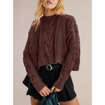Panadila Womens Cropped Sweater Crew Neck Cable Knit Sweater Ribbed Long Sleeve Top Soft Boxy Pullover (Dark Brown,S)