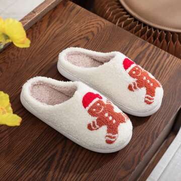 Afellicy Womens Gingerbread Man Slippers Christmas Slippers Holiday Slippers Red Orange Brown