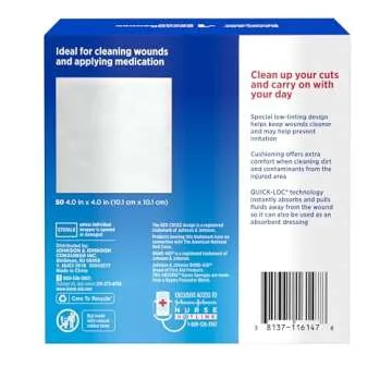 Band Aid Brand First Aid Products Tru-Absorb Sterile Gauze Sponges for Cleaning and Cushioning Minor Wounds, Cuts & Burns, Low-Lint Design, Individually Wrapped 4 in by 4 in Pads