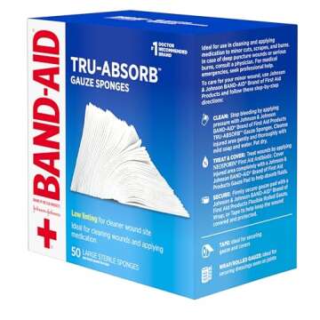 Band Aid Brand First Aid Products Tru-Absorb Sterile Gauze Sponges for Cleaning and Cushioning Minor Wounds, Cuts & Burns, Low-Lint Design, Individually Wrapped 4 in by 4 in Pads