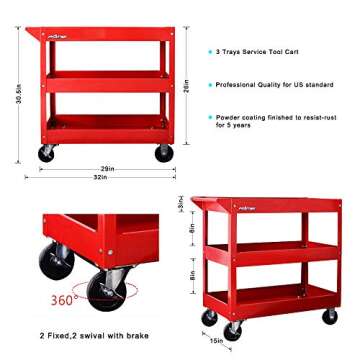 Service Tool Cart Tool Organizers - New Design in 2018, Easy to Assembly, 4 castors for Move, Most Stable for DIY Working, Garage Storage Roller cart, Dollies 3 trays Red color