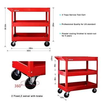 Service Tool Cart Tool Organizers - New Design in 2018, Easy to Assembly, 4 castors for Move, Most Stable for DIY Working, Garage Storage Roller cart, Dollies 3 trays Red color