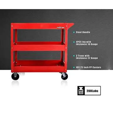 Service Tool Cart Tool Organizers - New Design in 2018, Easy to Assembly, 4 castors for Move, Most Stable for DIY Working, Garage Storage Roller cart, Dollies 3 trays Red color