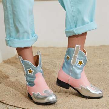 Yamvim Kids Cowboy Boots Girls Mid Calf Cowgirl Western Boots Round Toe Pull on Splicing Riding Shoe...
