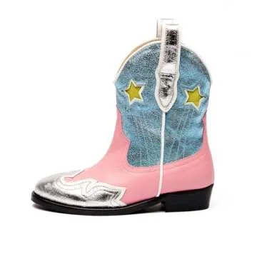 Yamvim Kids Cowboy Boots Girls Mid Calf Cowgirl Western Boots Round Toe Pull on Splicing Riding Shoes for Little Kid/Big Kid - Pink Stars - Toddler 13