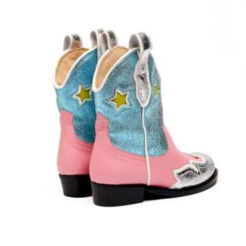 Yamvim Kids Cowboy Boots Girls Mid Calf Cowgirl Western Boots Round Toe Pull on Splicing Riding Shoes for Little Kid/Big Kid - Pink Stars - Toddler 13