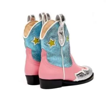 Yamvim Kids Cowboy Boots Girls Mid Calf Cowgirl Western Boots Round Toe Pull on Splicing Riding Shoes for Little Kid/Big Kid - Pink Stars - Toddler 13