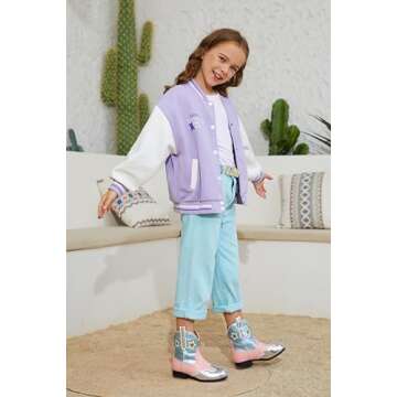 Yamvim Kids Cowboy Boots Girls Mid Calf Cowgirl Western Boots Round Toe Pull on Splicing Riding Shoes for Little Kid/Big Kid - Pink Stars - Toddler 13